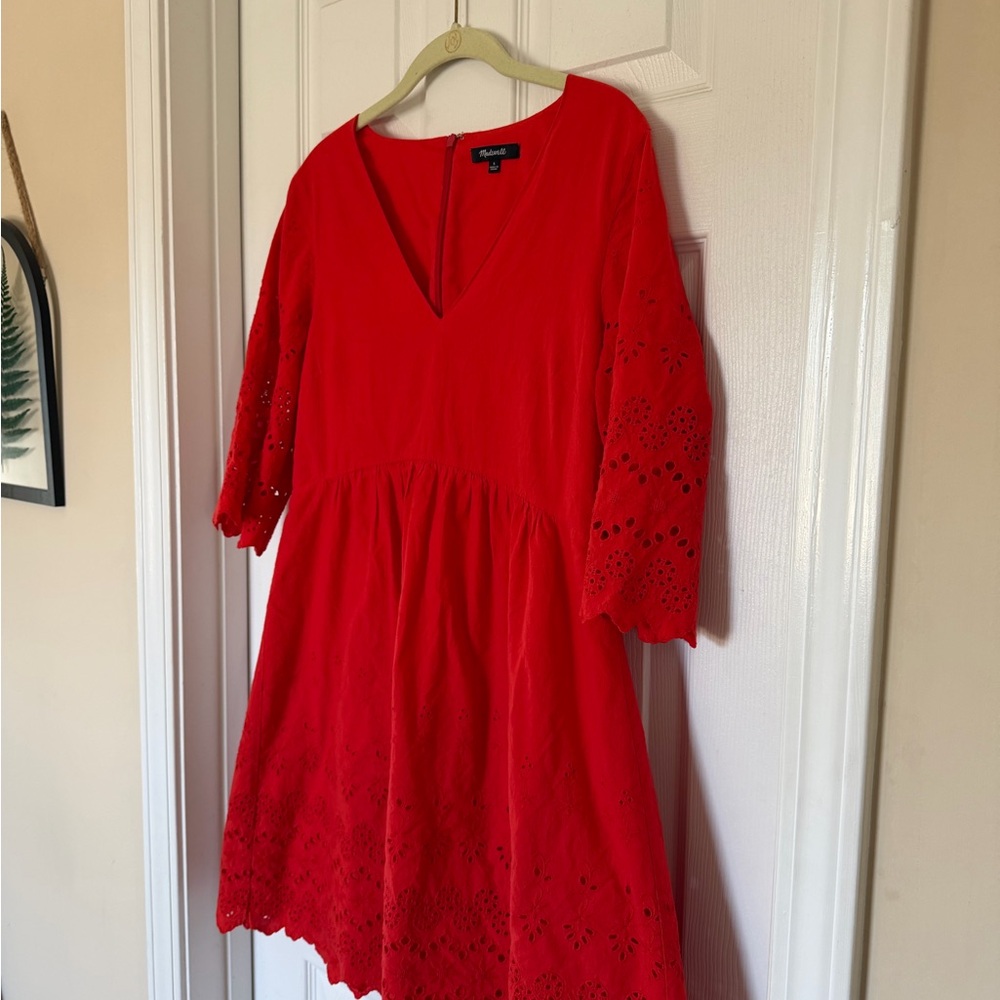 Madewell Red Eyelet V-Neck Women’s Dress-Lined-Resort Wear-Beach Dress